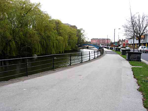 Looking along the canalised River Foss towards Peasholme Green and Layerthorpe Postern.